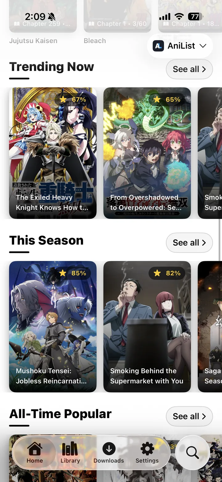 Rows of anime posters under Trending Now and This Season, each with a rating.