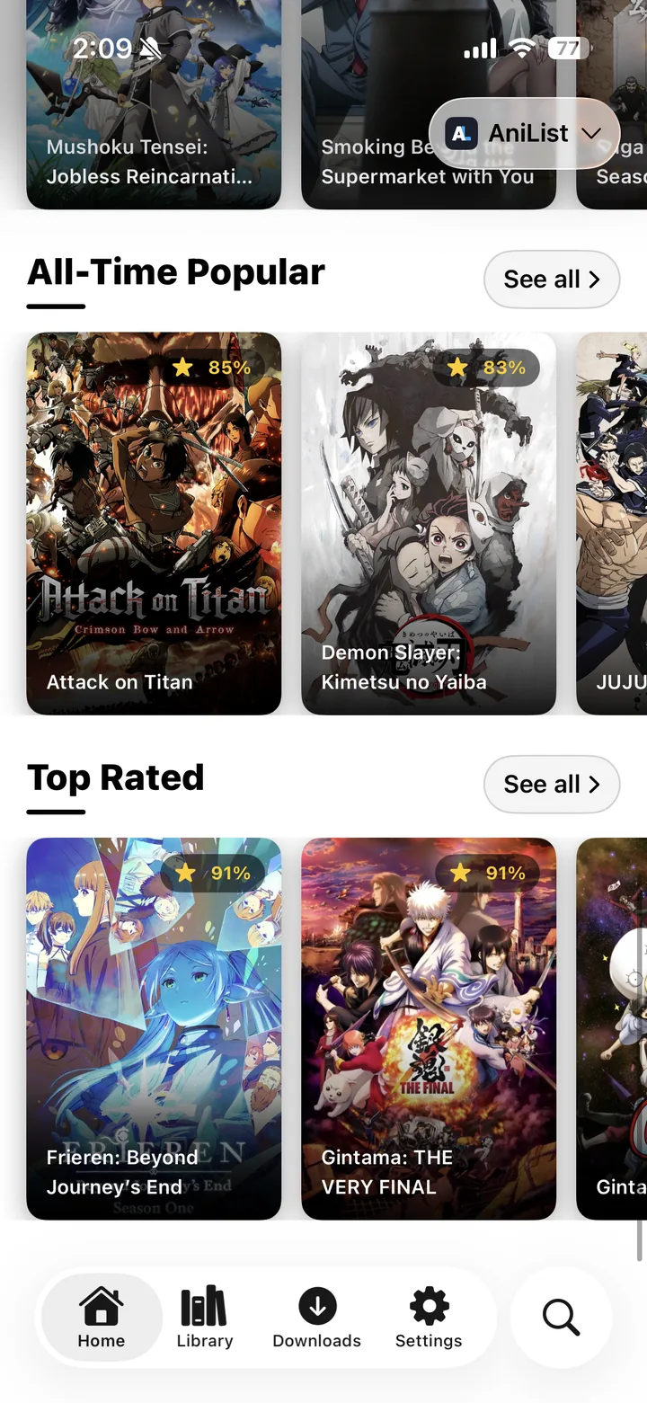 Rows of anime posters under All-Time Popular and Top Rated, each with a rating.