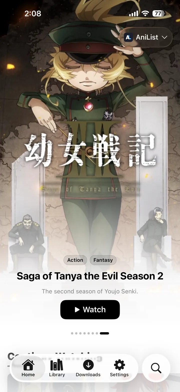 The Shirox home screen, with a featured series banner and the start of a Continue Watching row.