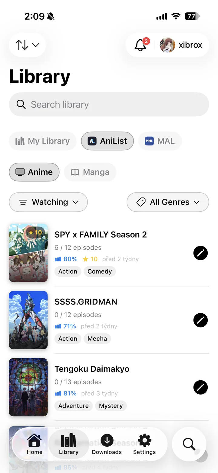 The library, filtered to Watching, showing episode progress and ratings for each series.