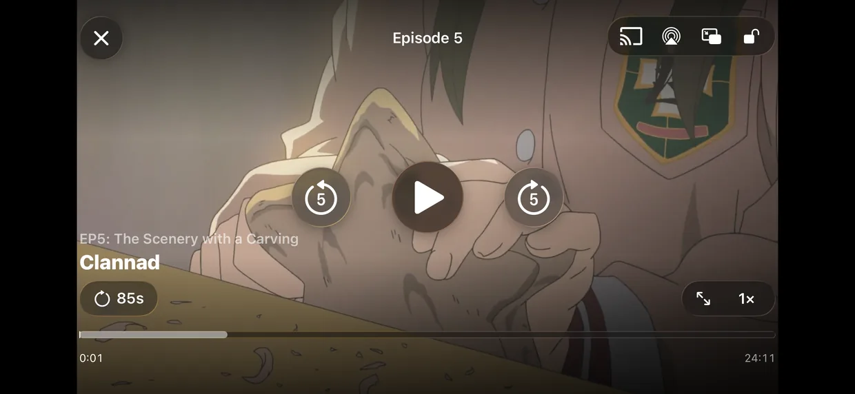 The video player, playing episode 5 with a skip-intro control and a scrubber.