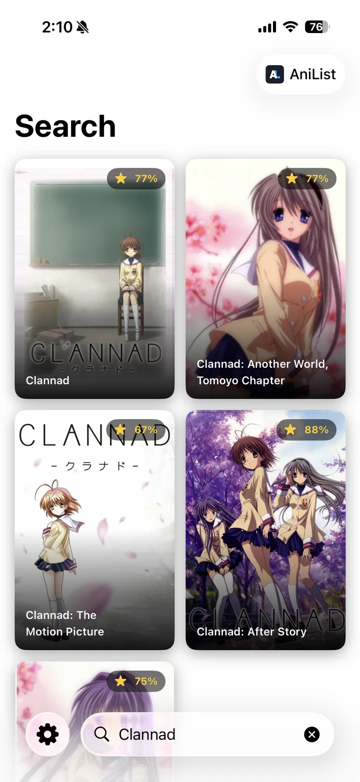 Search results for Clannad, shown as a grid of rated poster cards.