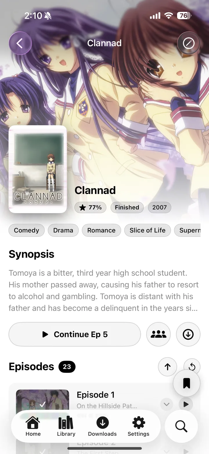 The Clannad series page, with synopsis, genres and a list of 23 episodes.