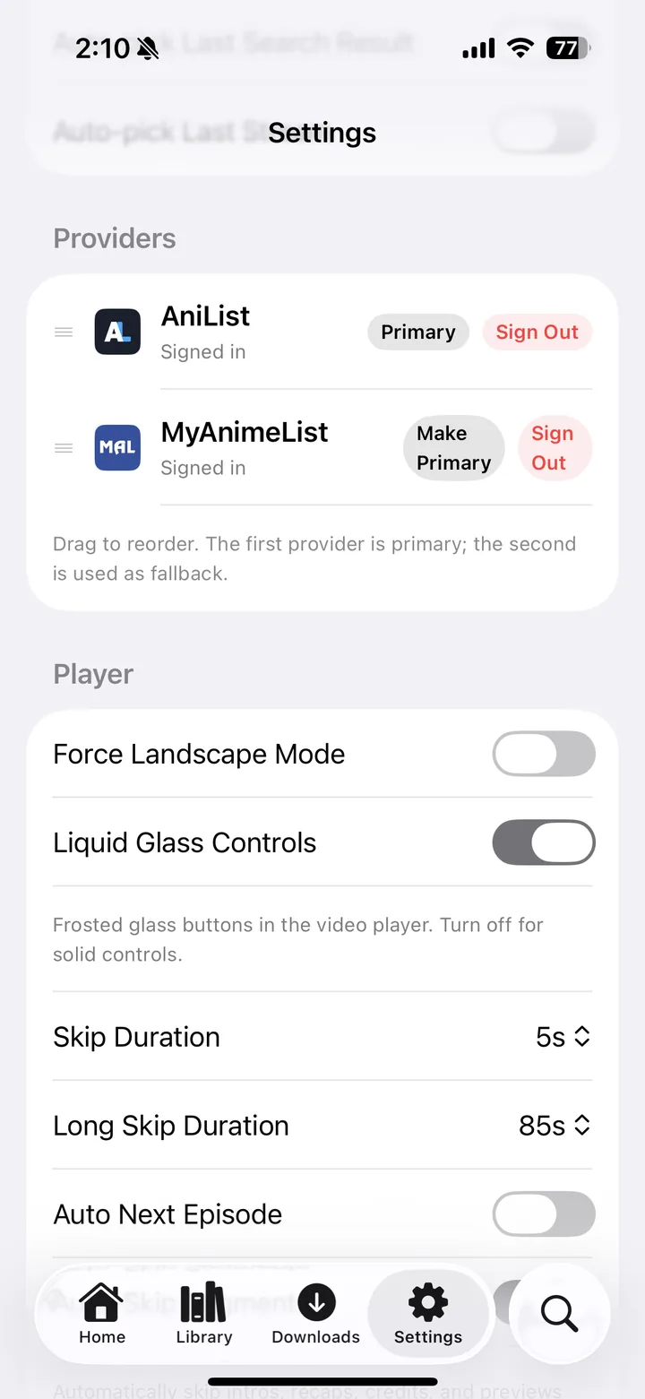 The settings screen, with linked AniList and MyAnimeList providers and player preferences like skip duration.