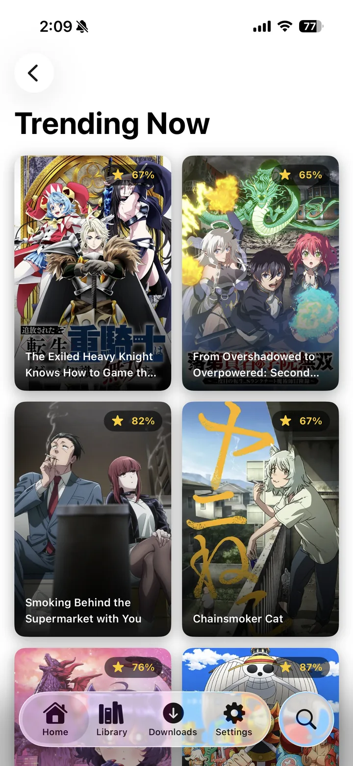 The full Trending Now list, shown as a grid of rated poster cards.
